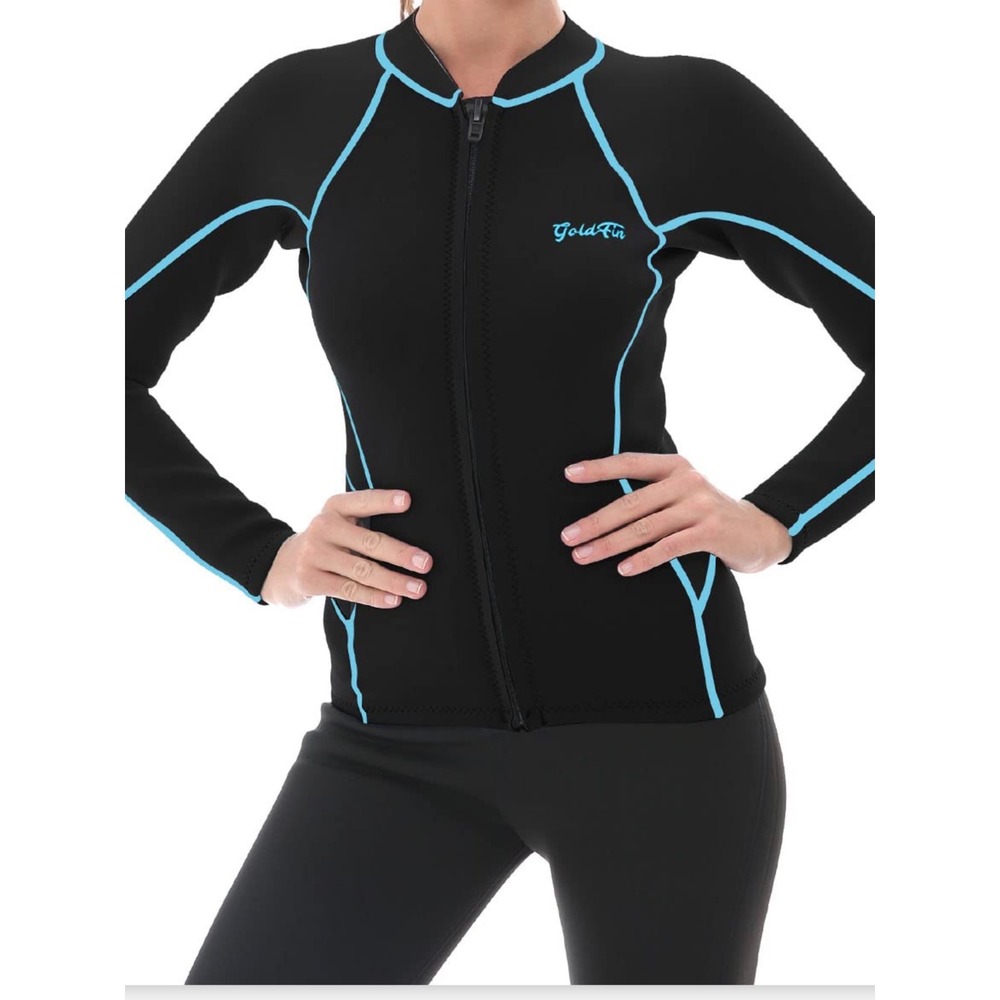 GoldFin Wetsuit Top Women 2XL Black 2mm Neoprene Front Zip Long Sleeve Excellent